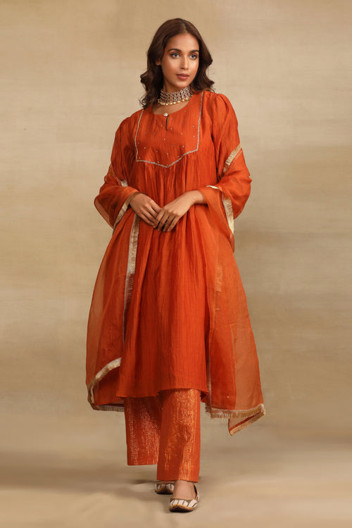 Burnt Orange Hand Embroidered Chanderi Suit Set - Set of 3