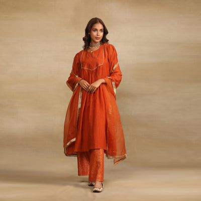 Burnt Orange Hand Embroidered Chanderi Suit Set - Set of 3