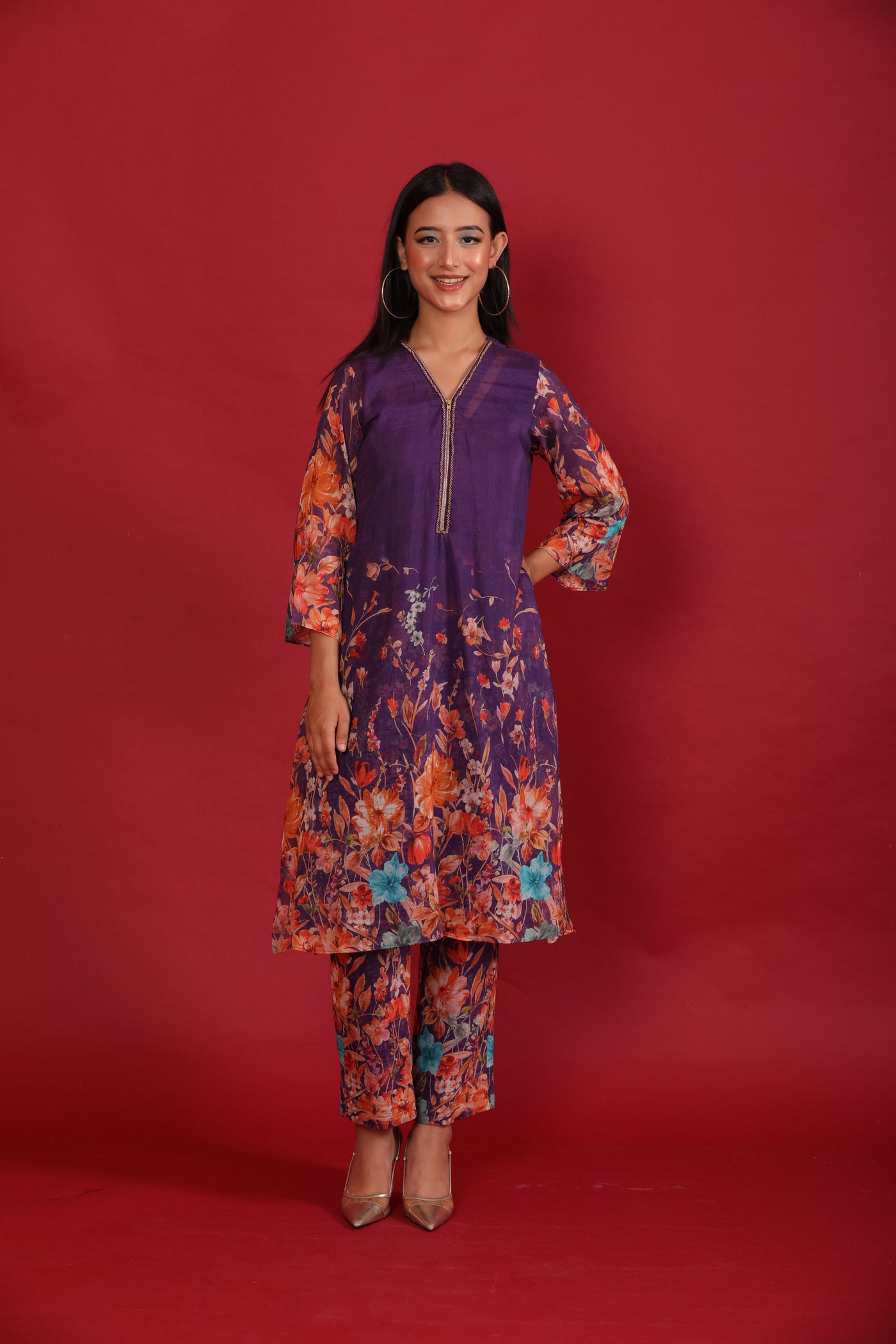 Purple Flower Printed Chanderi Coord Set