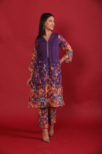 Purple Flower Printed Chanderi Coord Set