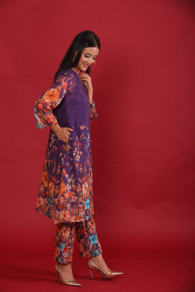 Purple Flower Printed Chanderi Coord Set