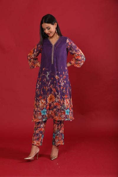 Purple Flower Printed Chanderi Coord Set