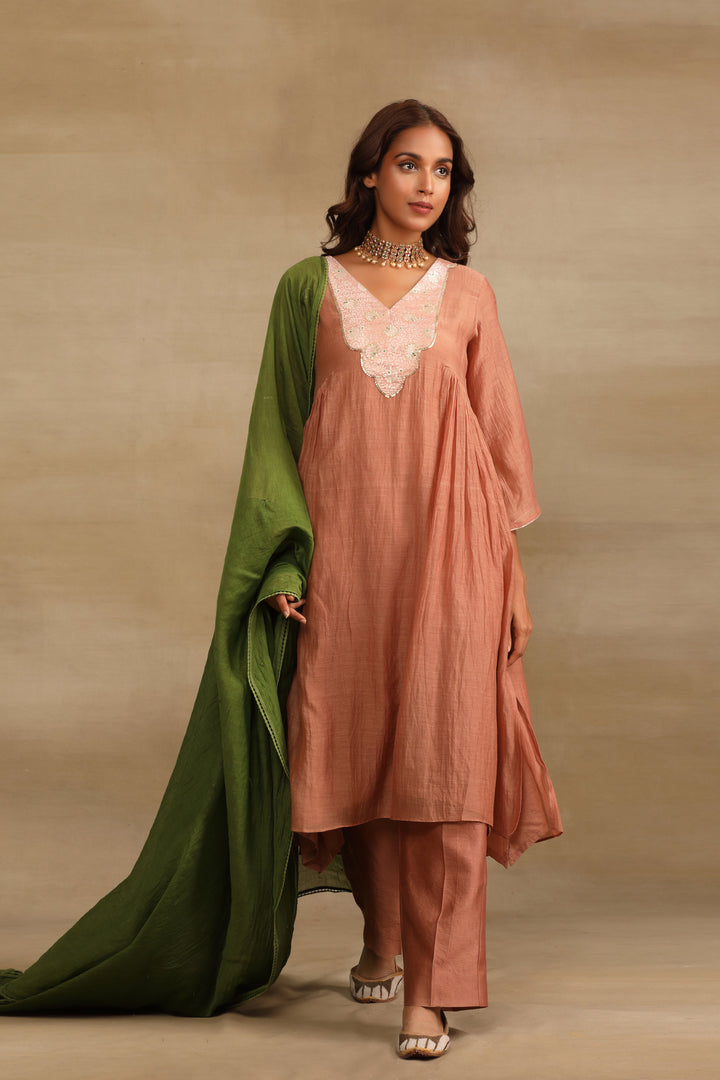 Coral Rose Brocade Patch Silk Chanderi Suit Set