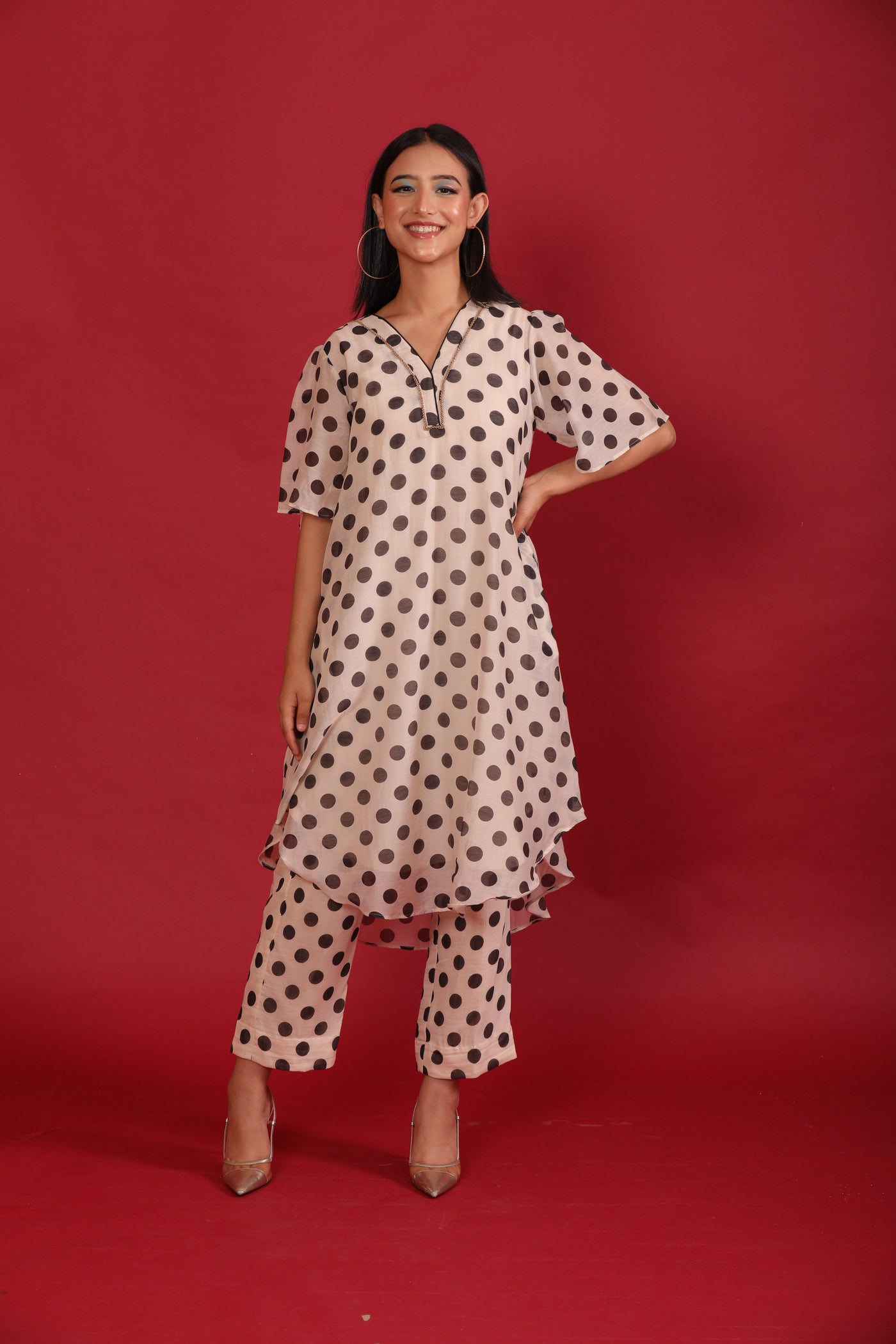 Off white Polka Printed with Handwork Chanderi Coord Set