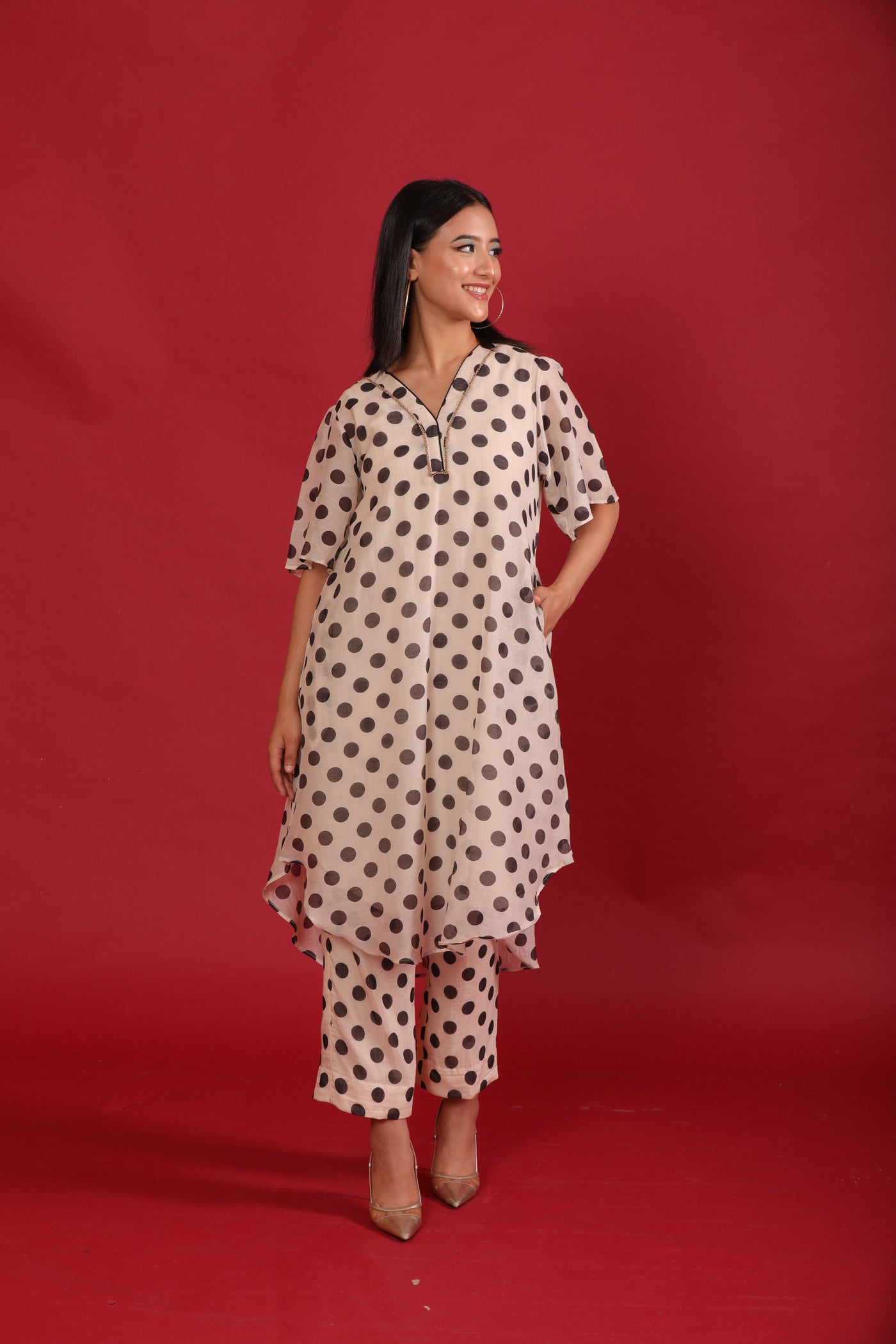 Off white Polka Printed with Handwork Chanderi Coord Set