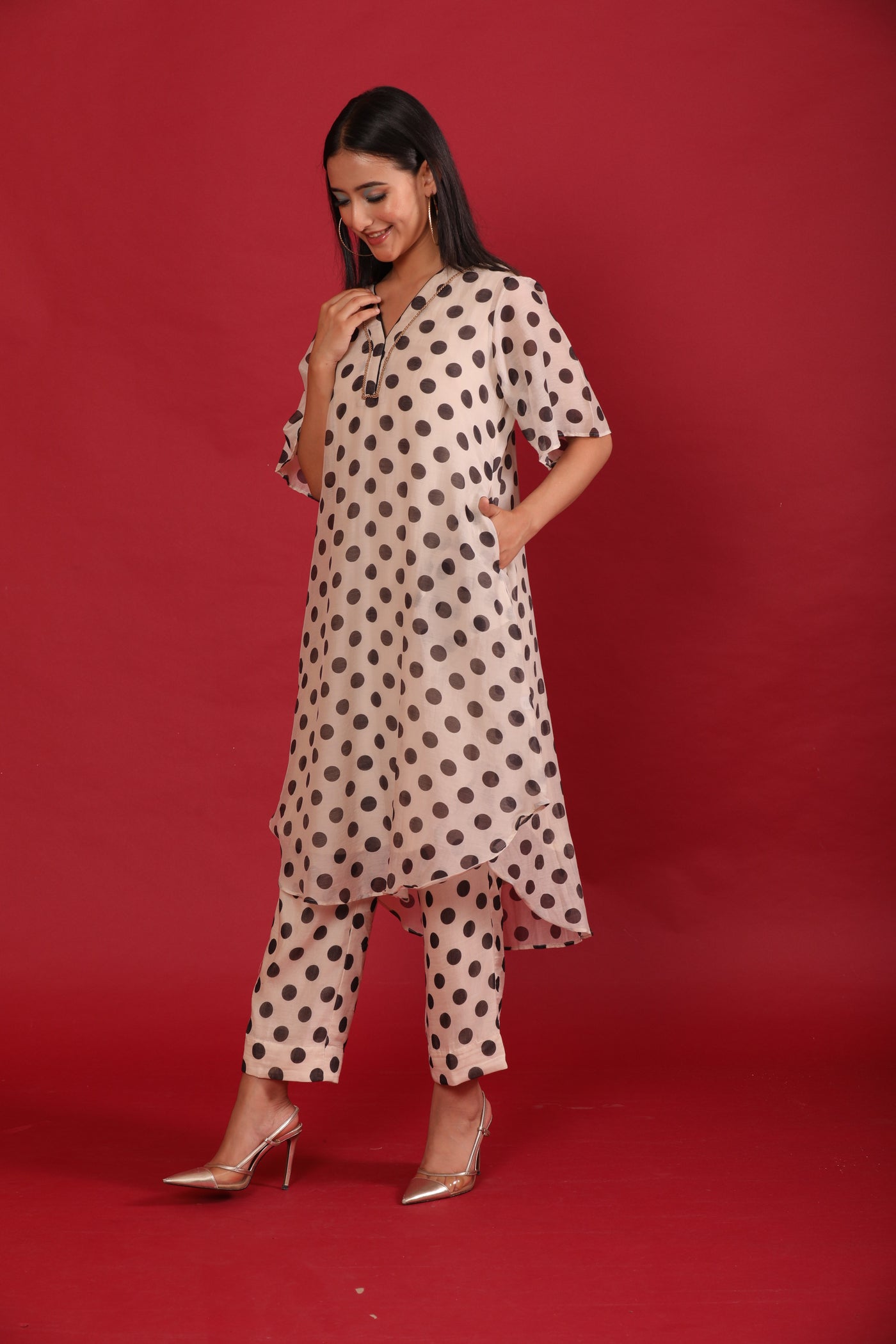 Off white Polka Printed with Handwork Chanderi Coord Set