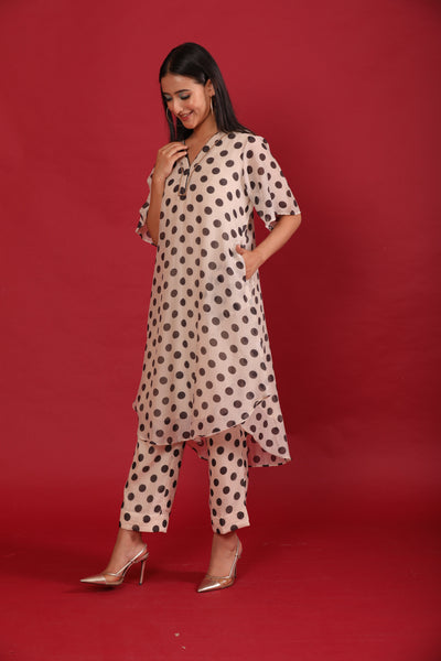 Off white Polka Printed with Handwork Chanderi Coord Set