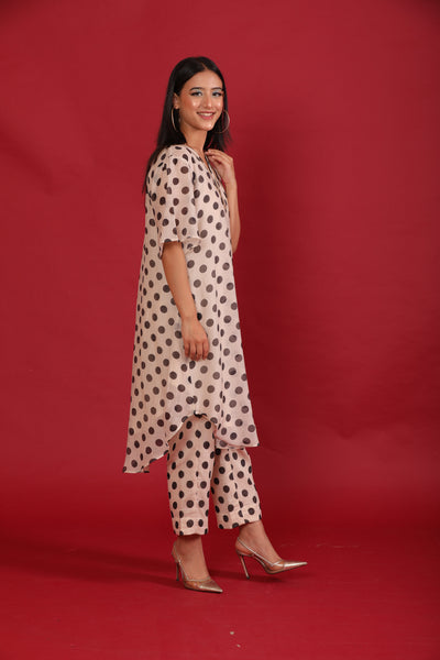 Off white Polka Printed with Handwork Chanderi Coord Set