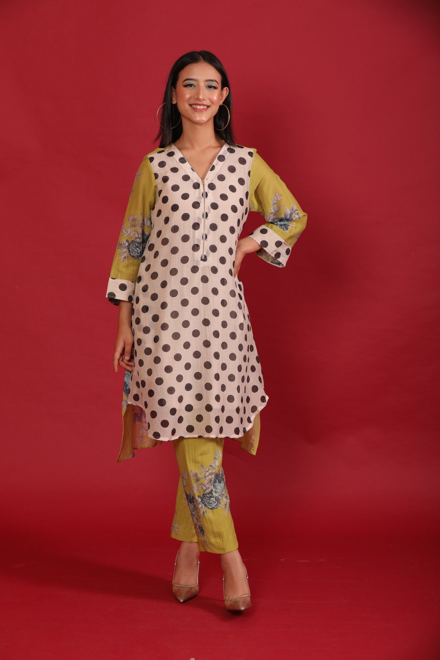 Polka Green Printed Chanderi Coord Set