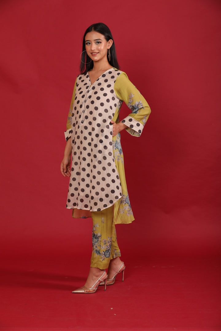 Polka Green Printed Chanderi Coord Set