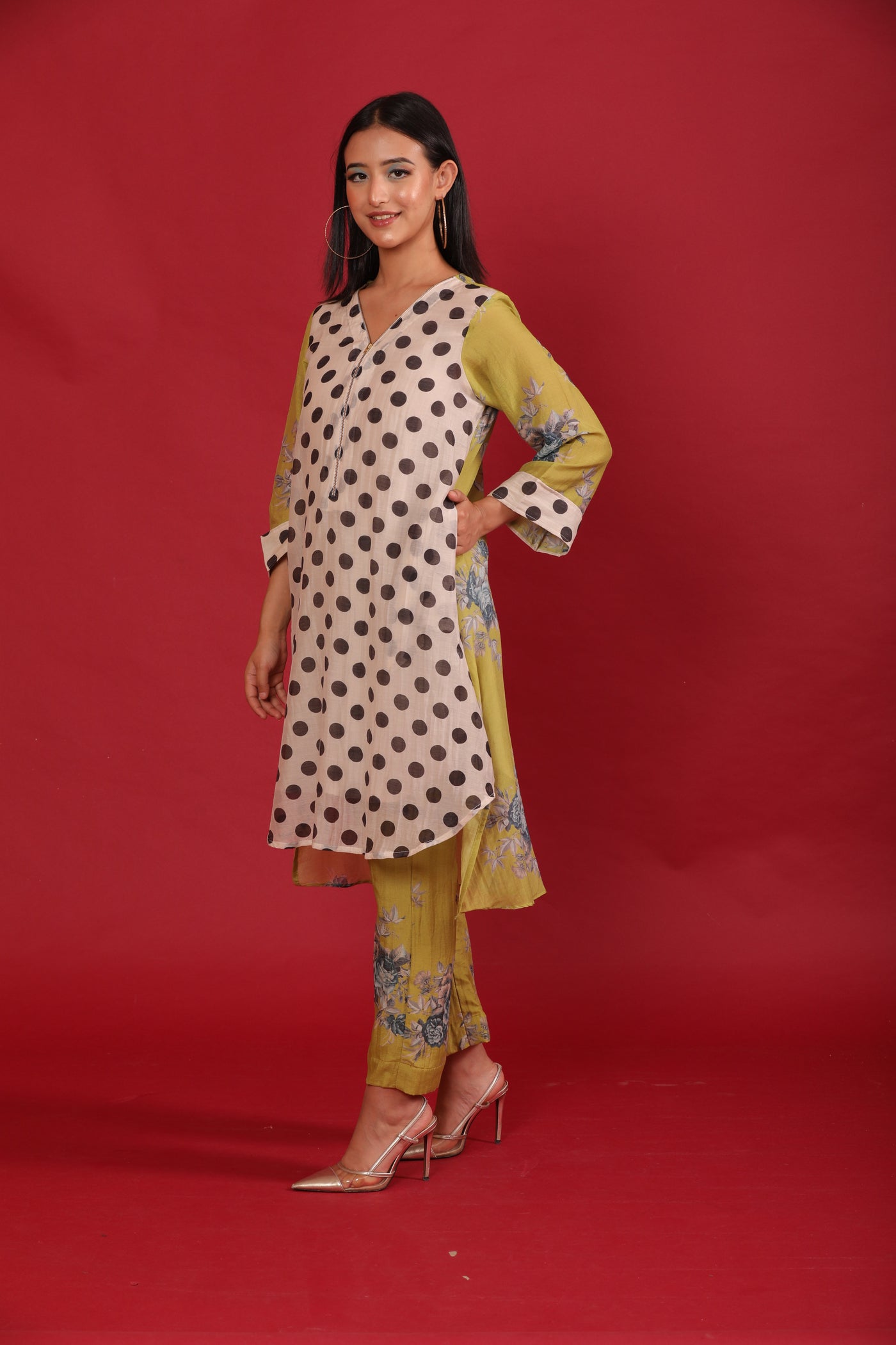 Polka Green Printed Chanderi Coord Set