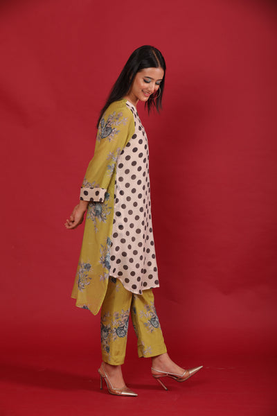 Polka Green Printed Chanderi Coord Set