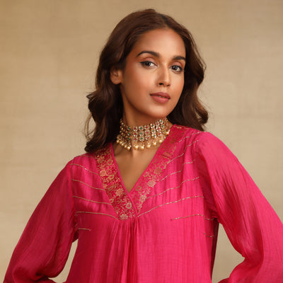 Pink Hand Embroidered Silk Chanderi Suit Set