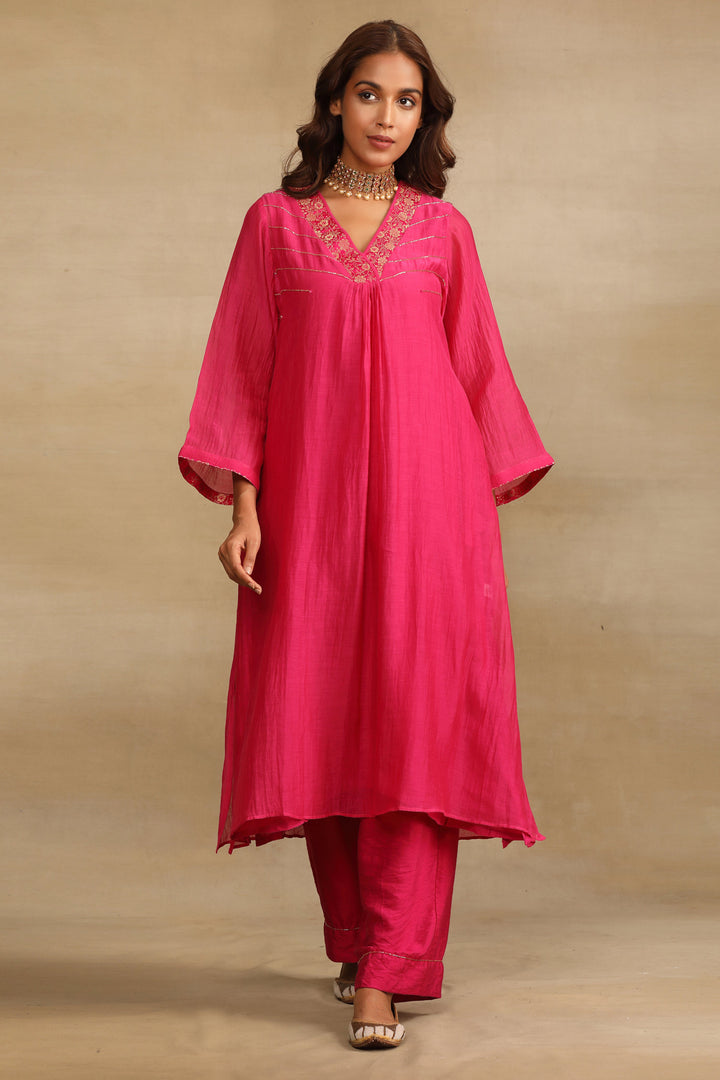 Pink Hand Embroidered Silk Chanderi Suit Set