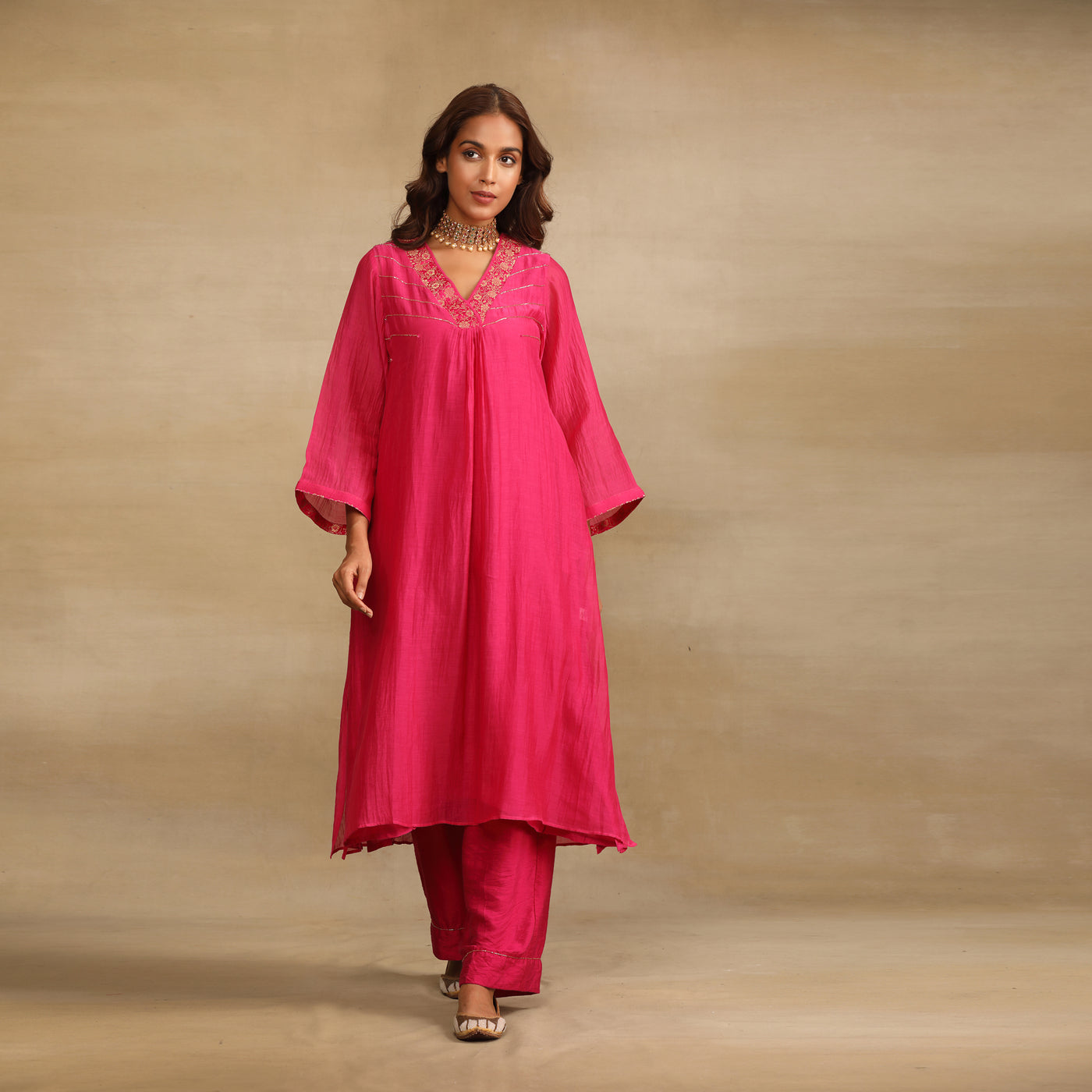 Pink Hand Embroidered Silk Chanderi Suit Set