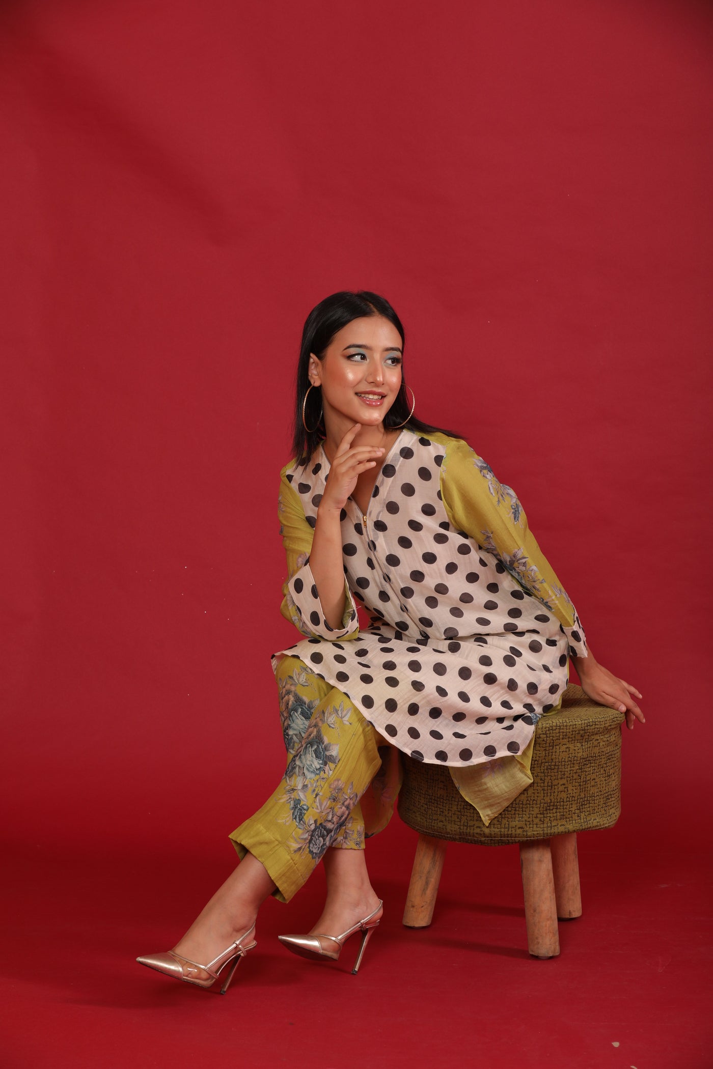 Polka Green Printed Chanderi Coord Set