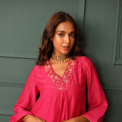 Pink Hand Embroidered Silk Chanderi Suit Set