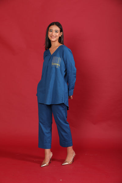 Metallic Blue Hand Embroidered Linen Coord Set