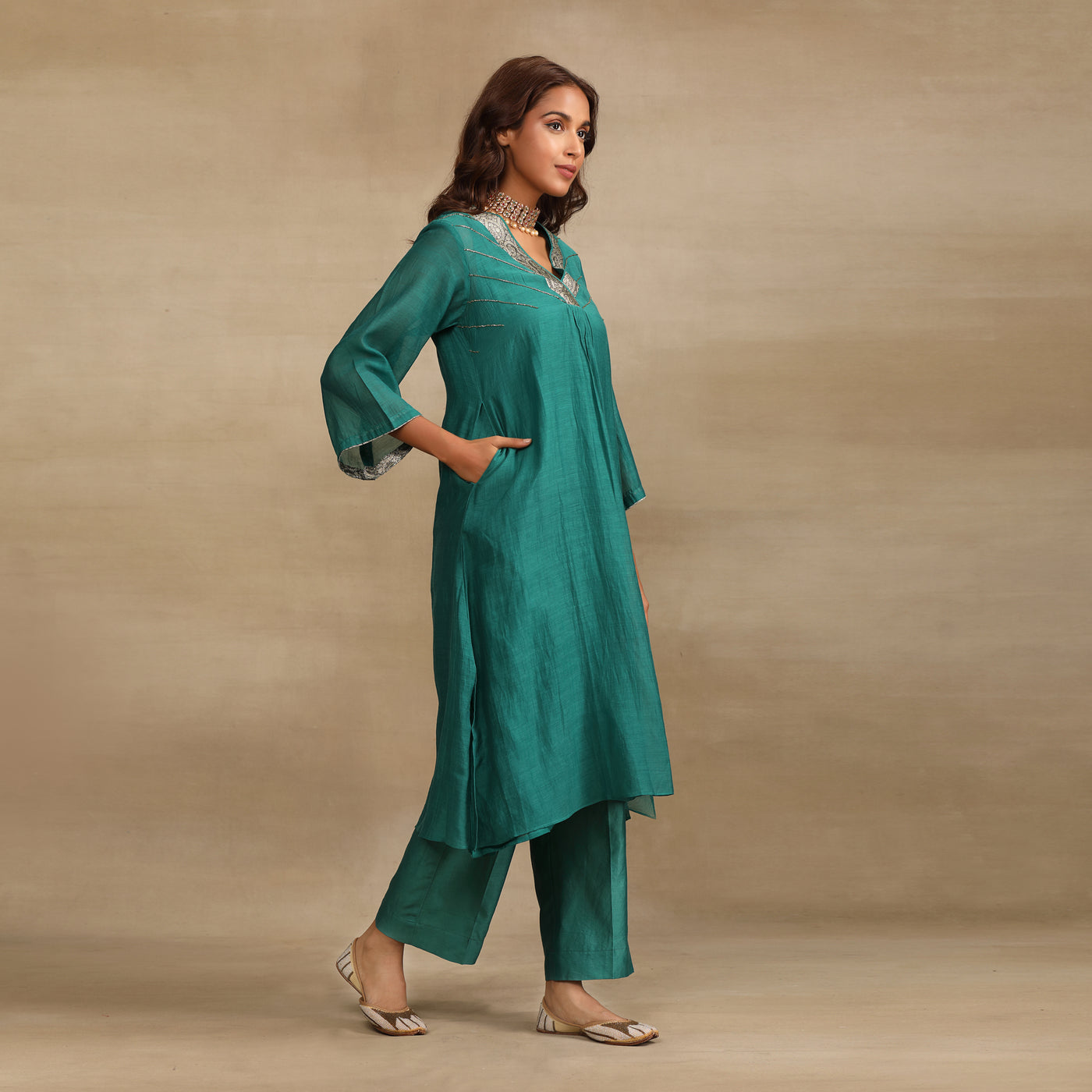 Dark Green Hand Embroidered Silk Chanderi Suit set