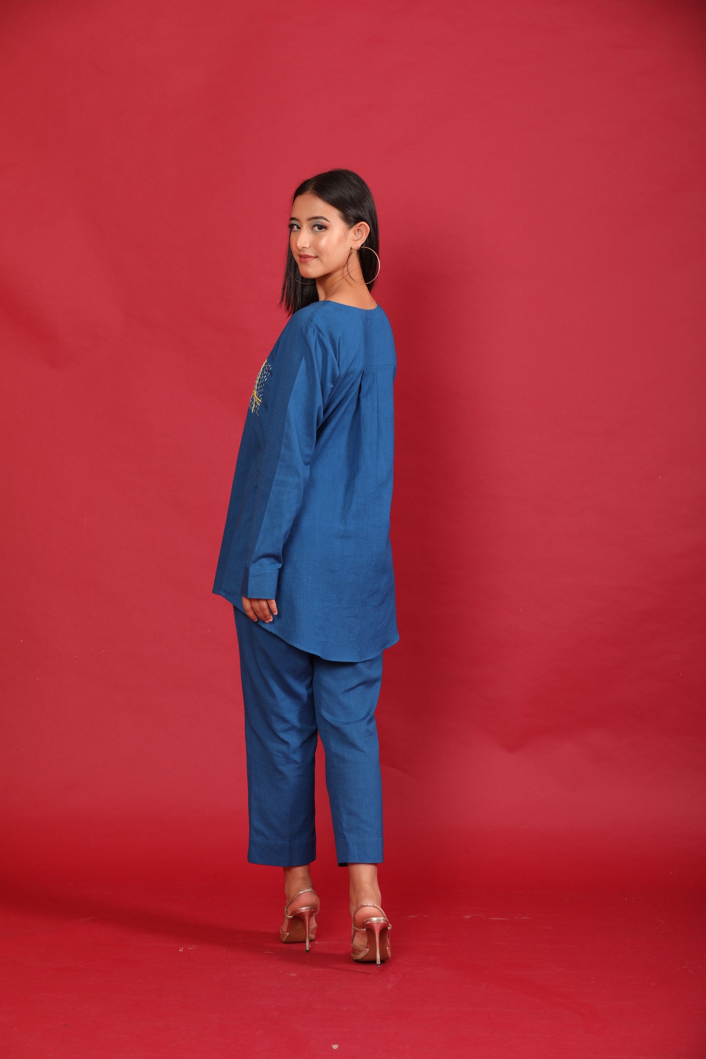 Metallic Blue Hand Embroidered Linen Coord Set