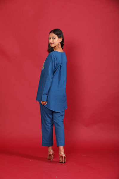 Metallic Blue Hand Embroidered Linen Coord Set