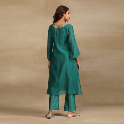 Dark Green Hand Embroidered Silk Chanderi Suit set