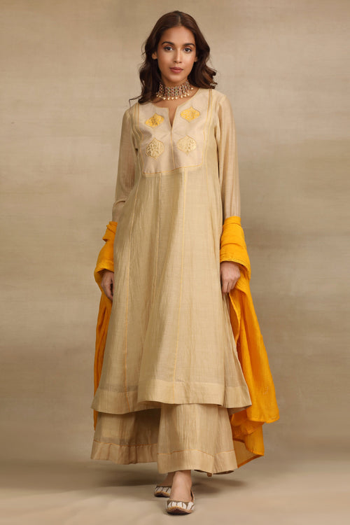 Beige Yellow Brocade Patch Anarkali Suit Set