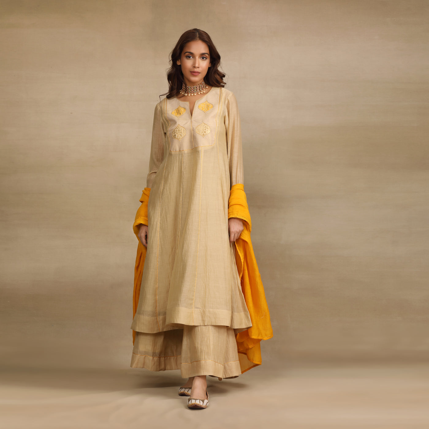 Beige Yellow Brocade Patch Anarkali Suit Set