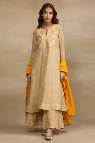 Beige Yellow Brocade Patch Anarkali Suit Set