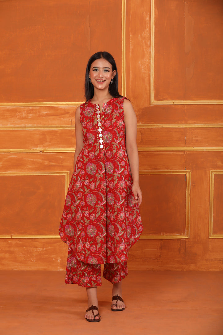 Red Printed Handwork Mirror Work Cotton Coord Set