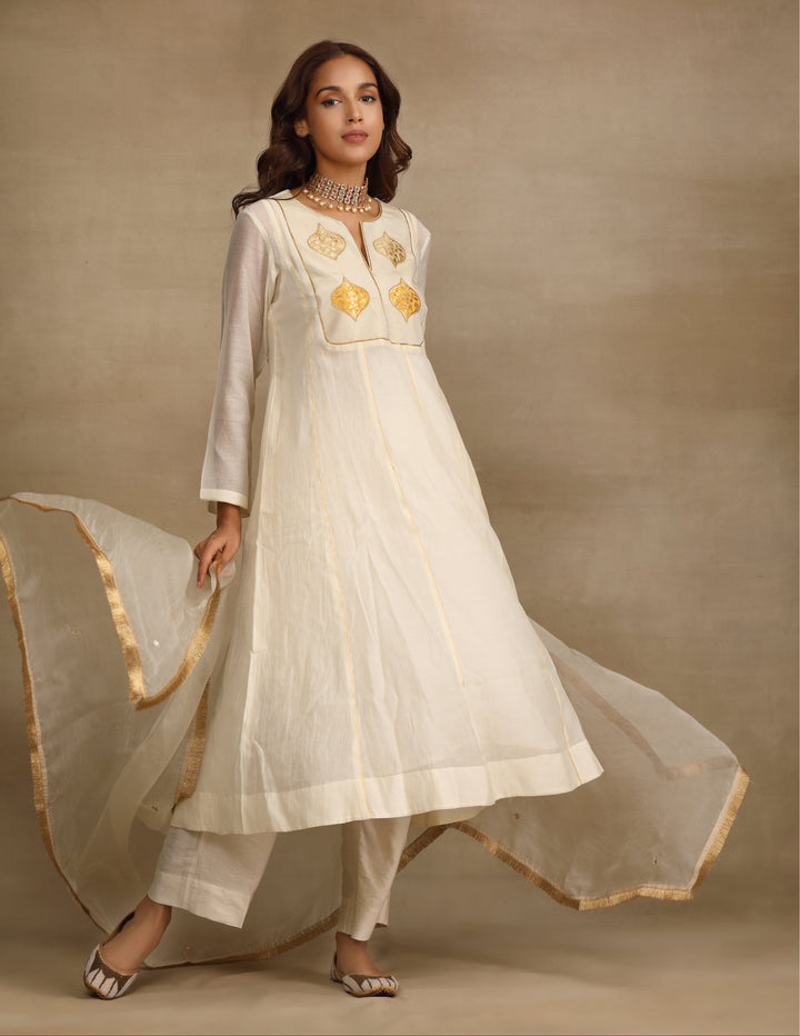 Ivory Brocade Patch Silk Chanderi Anarkali Suit Set