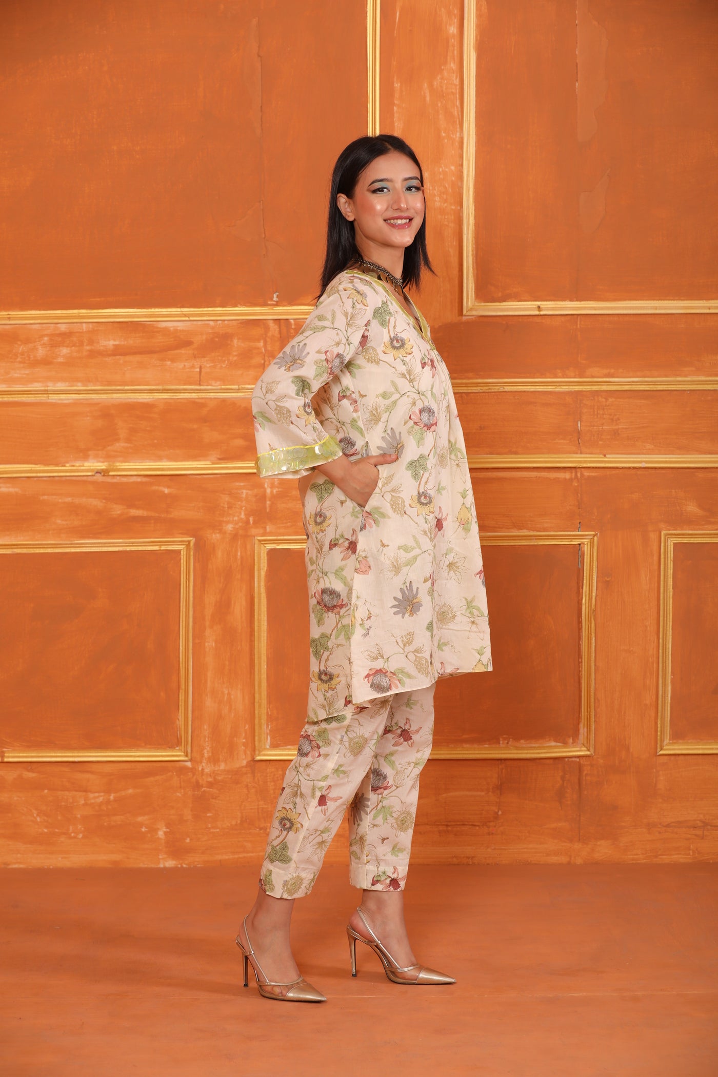 Off-white Lime Green Printed Handwork Cotton Coord Set