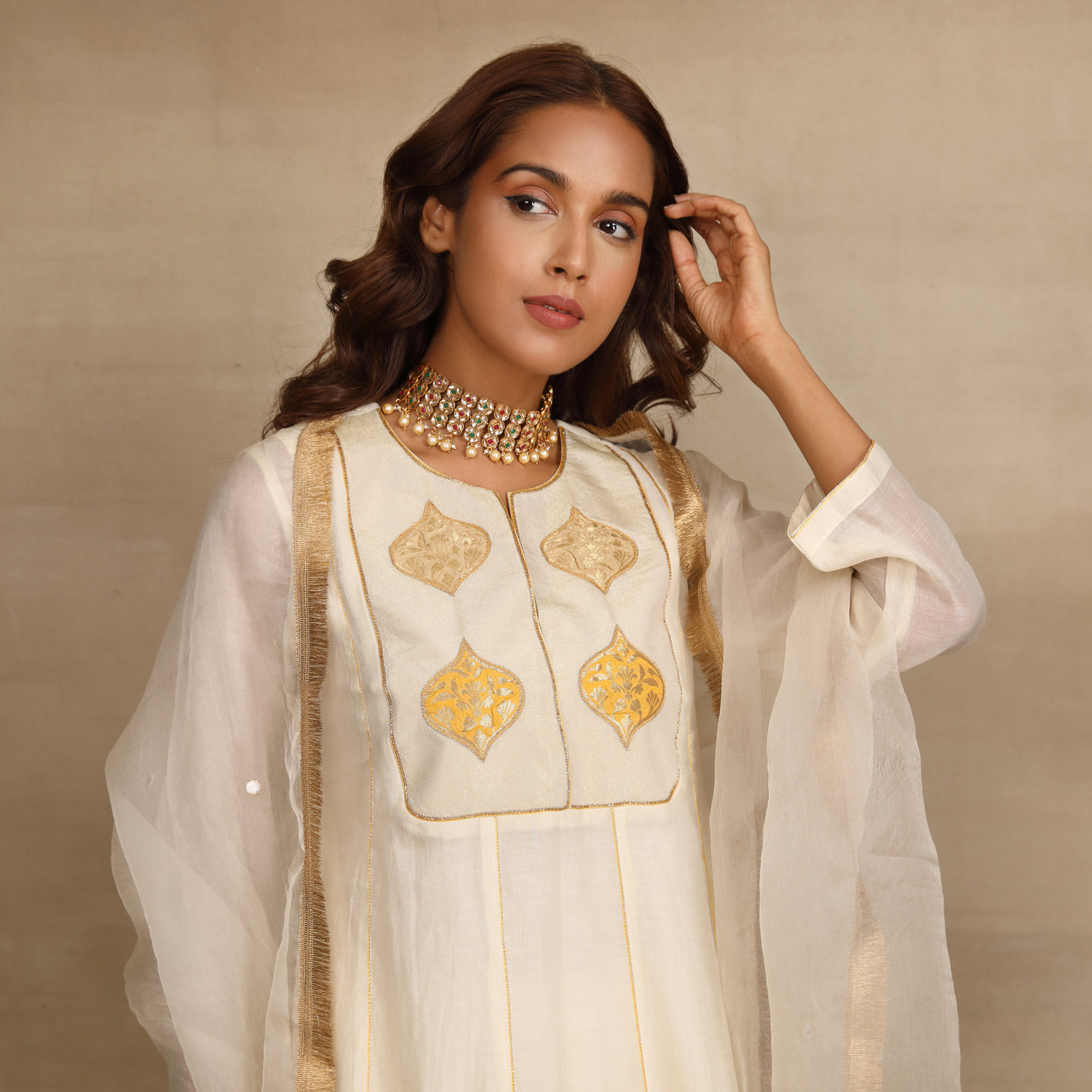 Ivory Brocade Patch Silk Chanderi Anarkali Suit Set