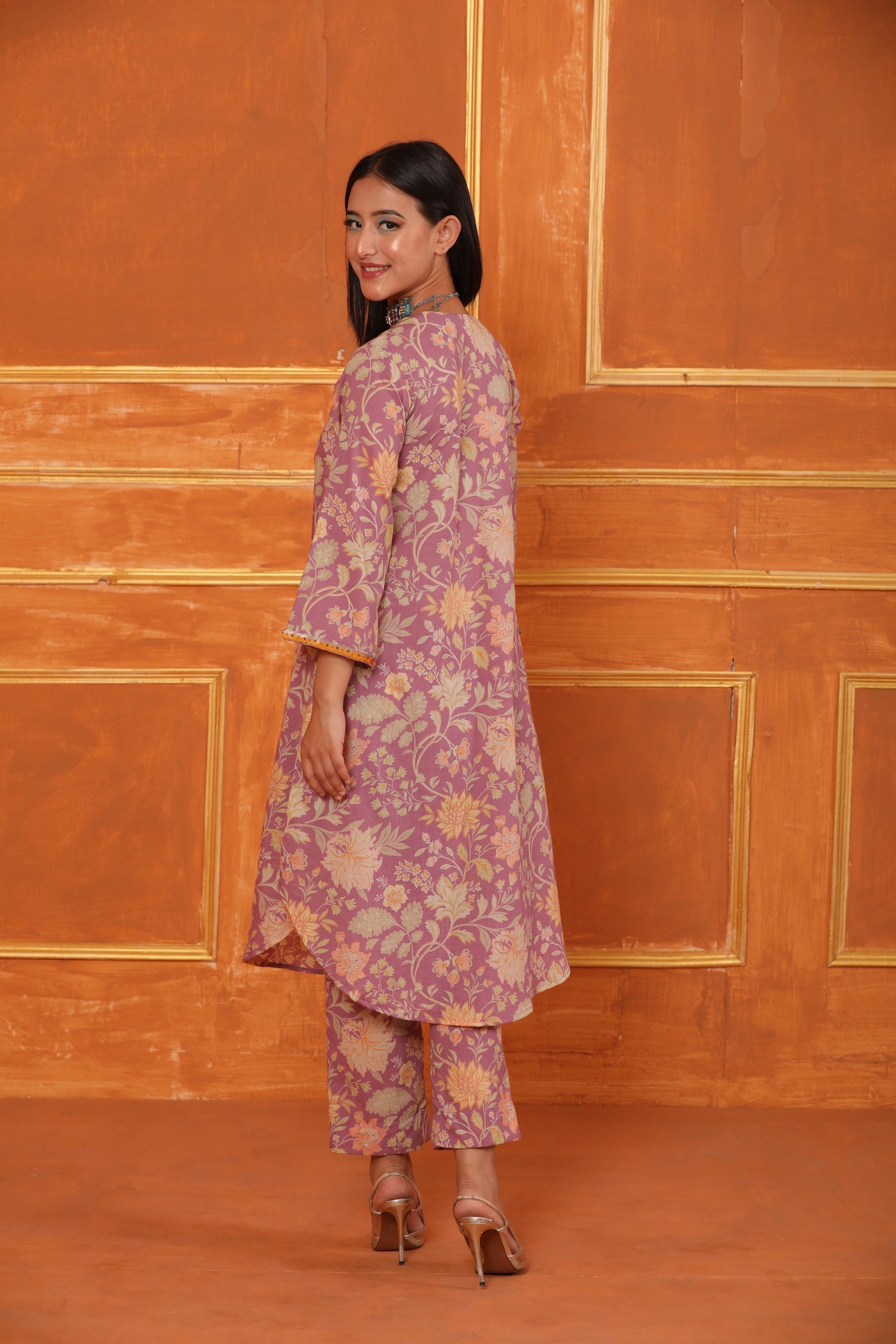 Mauve Printed Handwork Cotton Coord Set