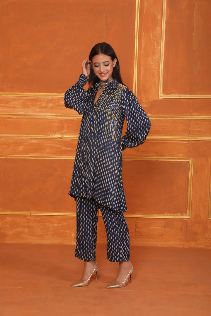 Indigo Natural Hand Embroidered Printed Coord Set