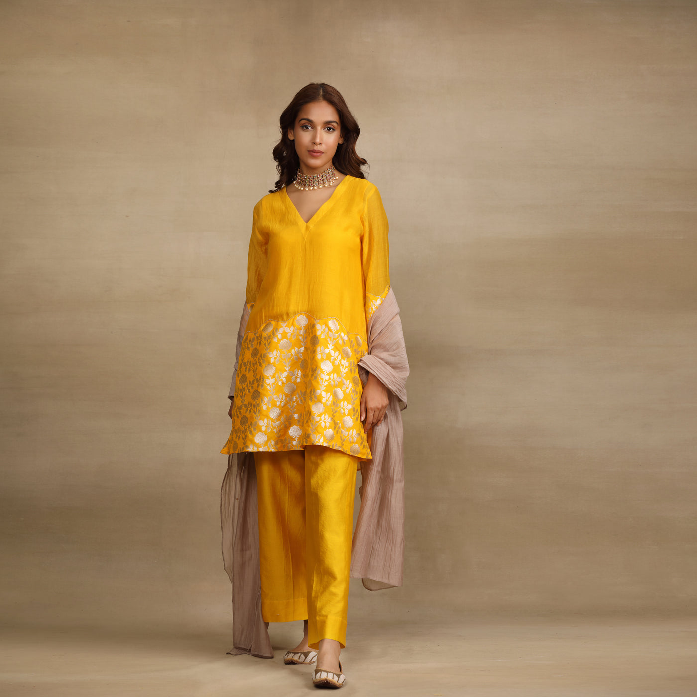 Mustard Yellow Brocade Panel Silk Chanderi Suit Set