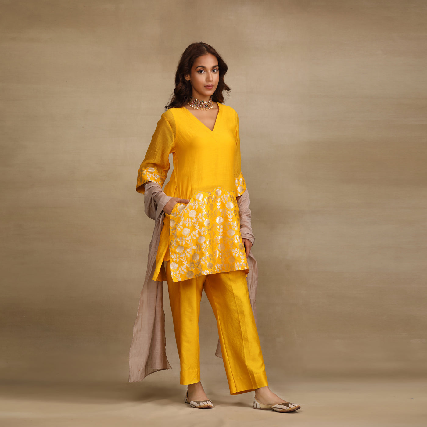 Mustard Yellow Brocade Panel Silk Chanderi Suit Set