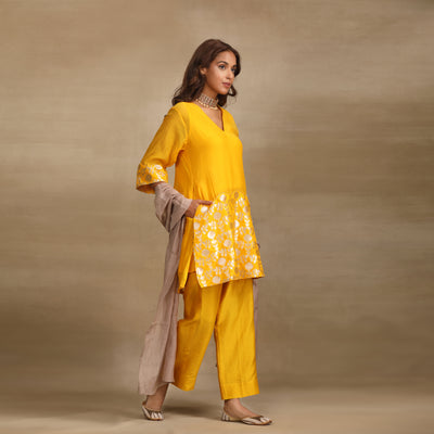 Mustard Yellow Brocade Panel Silk Chanderi Suit Set