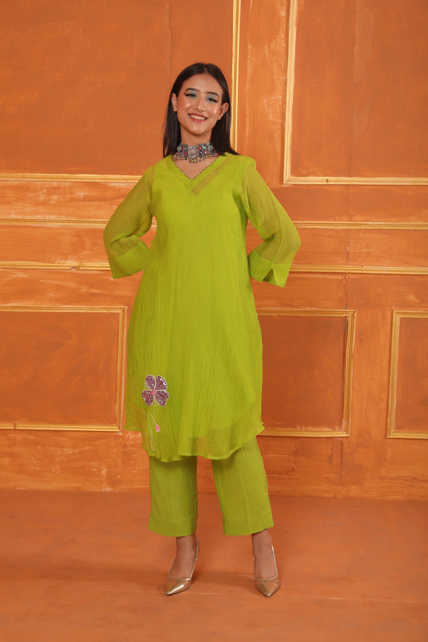 Parrot Green Hand Embroidered Chanderi Coord Set