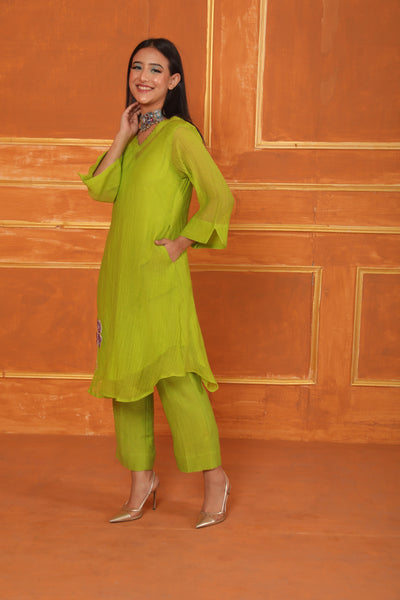 Parrot Green Hand Embroidered Chanderi Coord Set