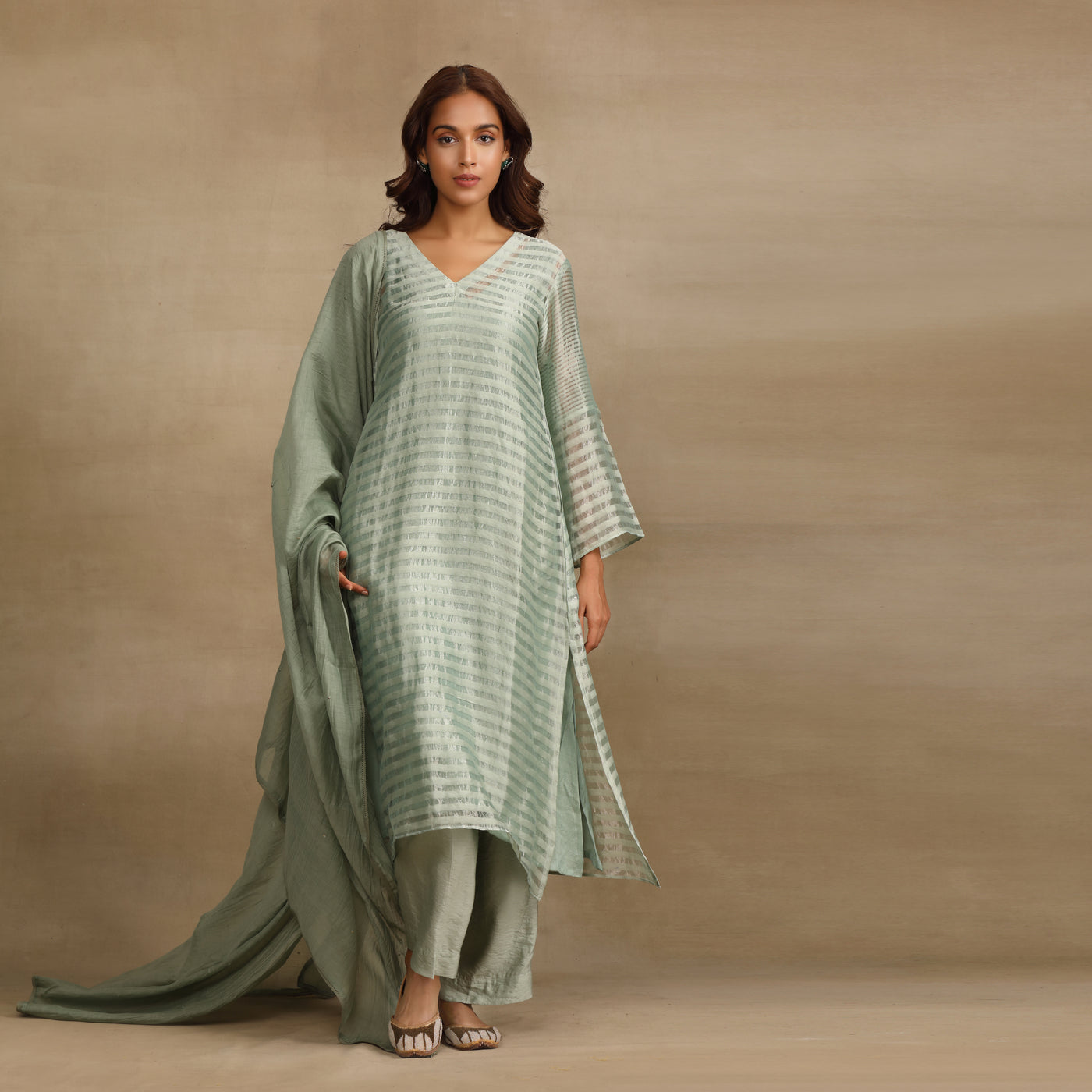 Grey Green Silk Tissue Chanderi Suit Set