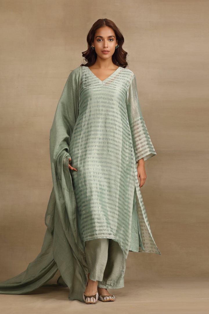 Grey Green Silk Tissue Chanderi Suit Set