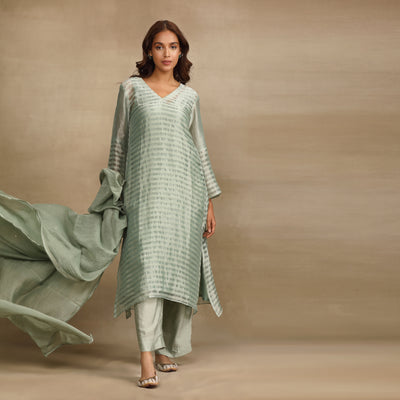 Grey Green Silk Tissue Chanderi Suit Set