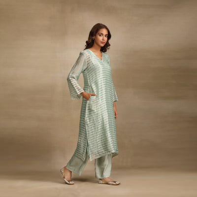 Grey Green Silk Tissue Chanderi Suit Set