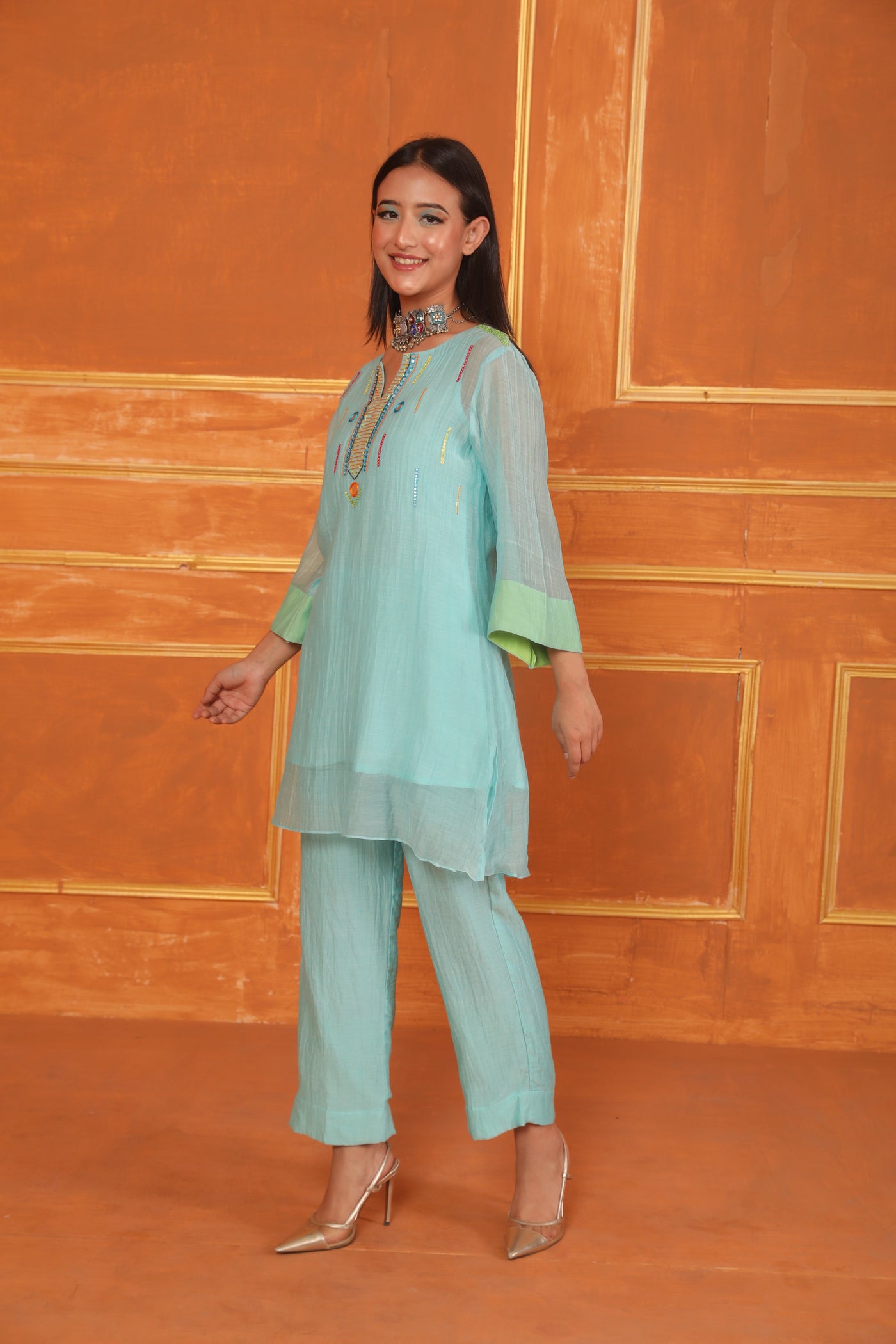 Aqua Blue Mirror Work Chanderi Coord Set