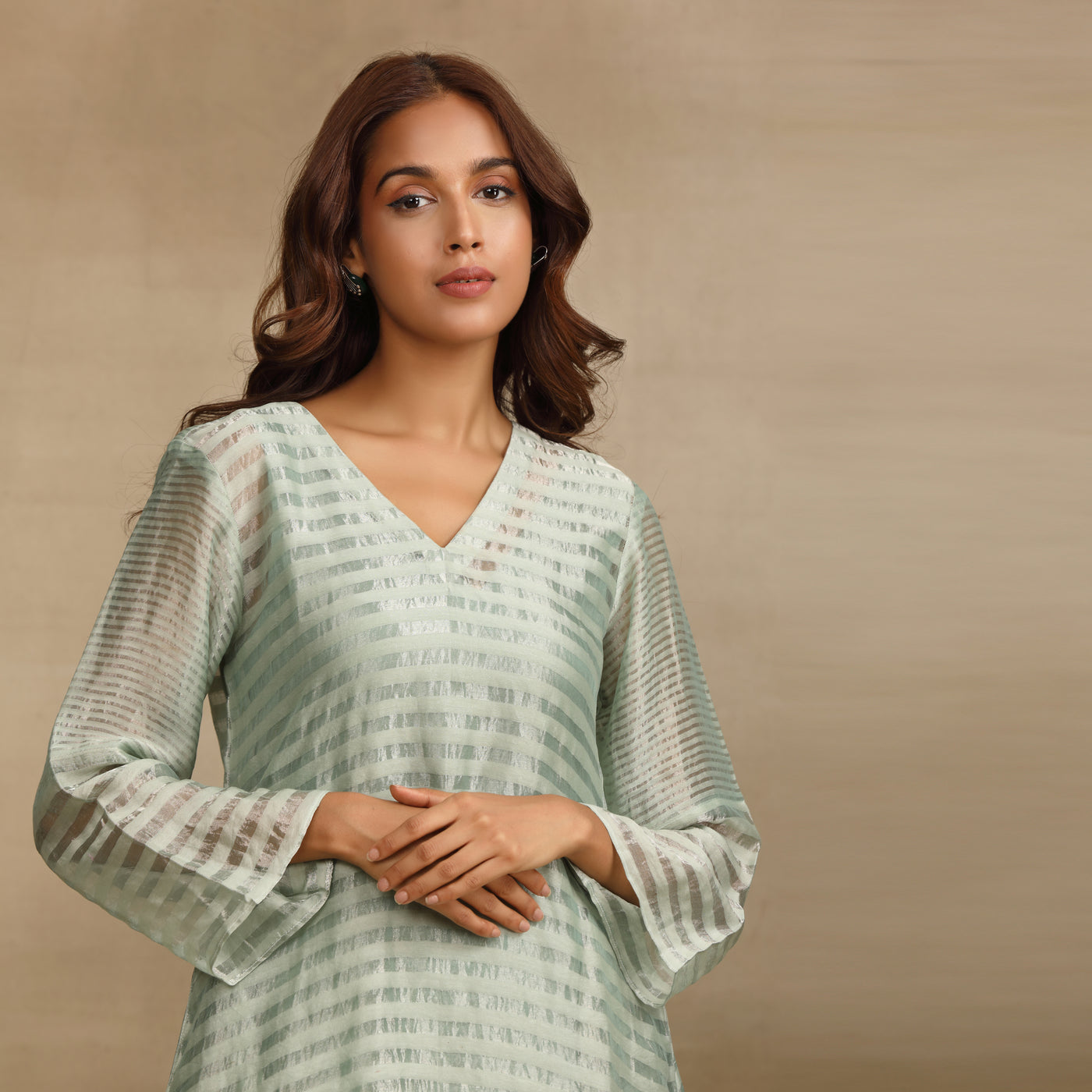 Grey Green Silk Tissue Chanderi Suit Set