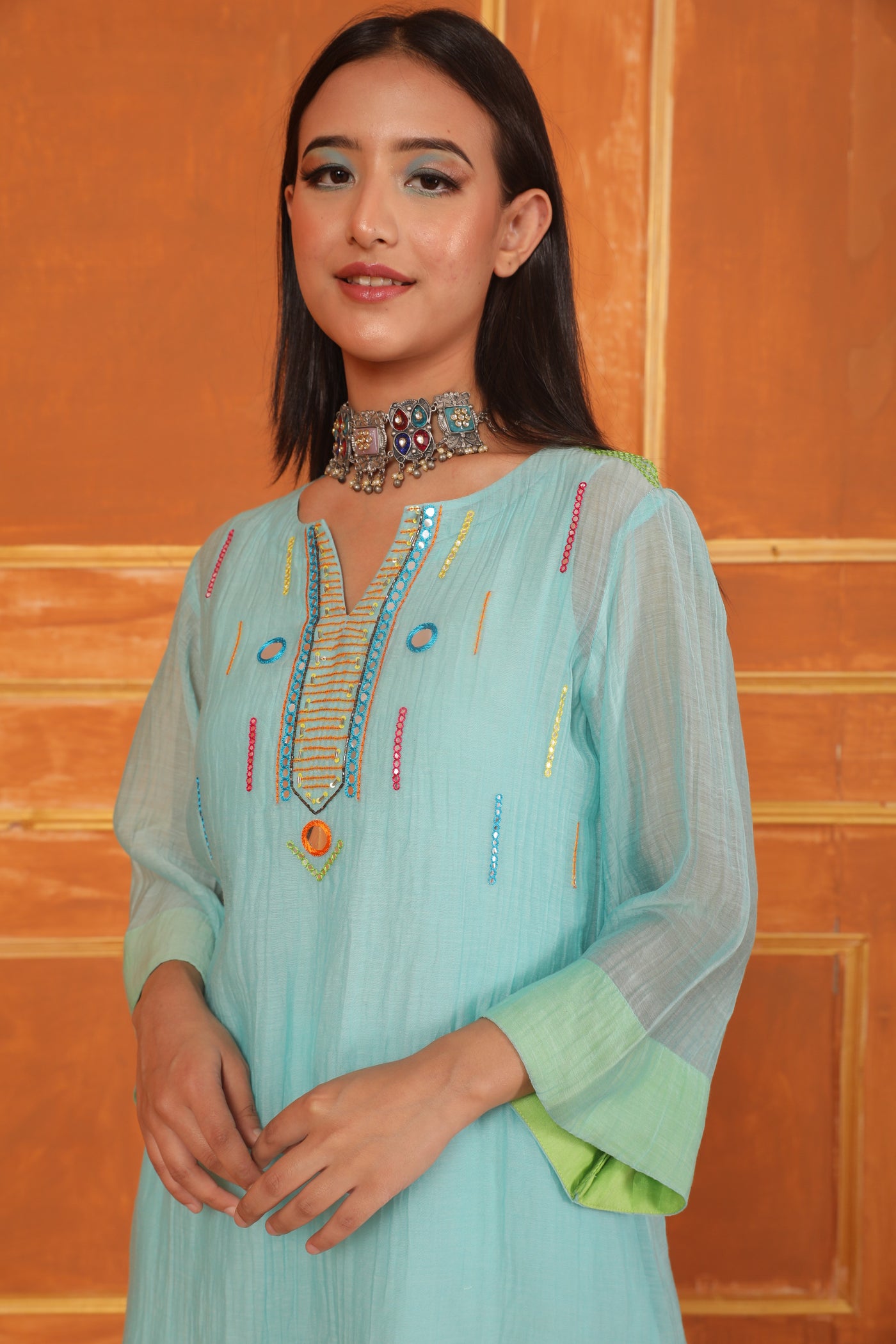 Aqua Blue Mirror Work Chanderi Coord Set