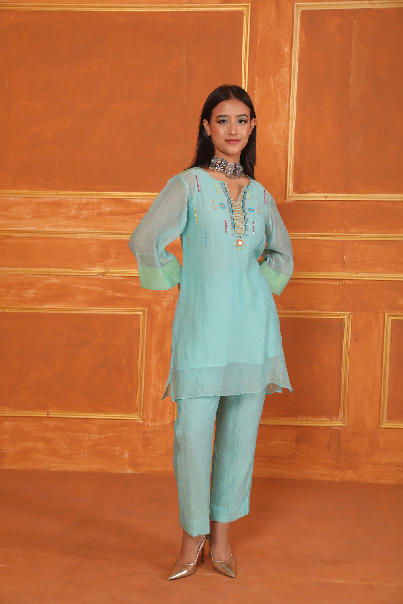 Aqua Blue Mirror Work Chanderi Coord Set