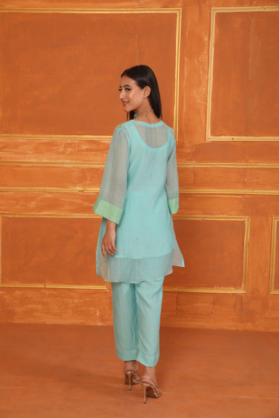 Aqua Blue Mirror Work Chanderi Coord Set