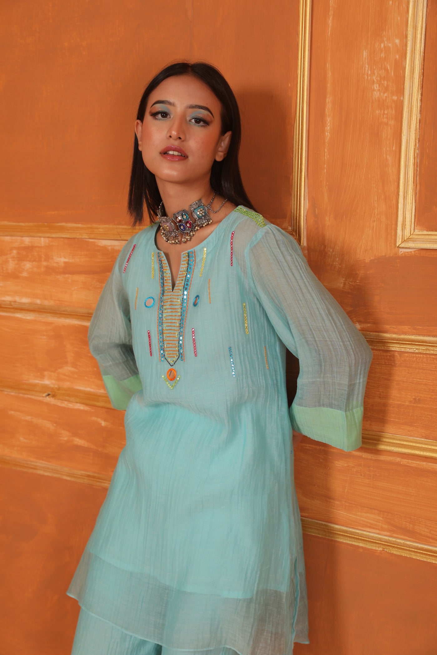 Aqua Blue Mirror Work Chanderi Coord Set